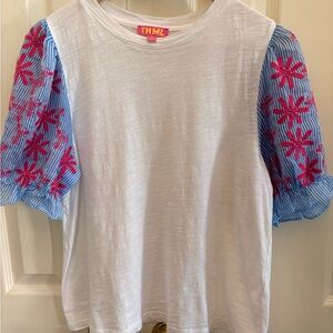 THML EUC- Womens White Tee with Blue and Pink Floral Sleeves